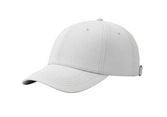 Fototapeta premium A plain white baseball cap displayed against a solid black background for design purposes