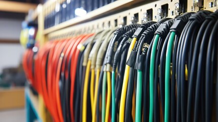A complex electrical wiring harness with multiple colorful cables organized neatly in a system for power distribution