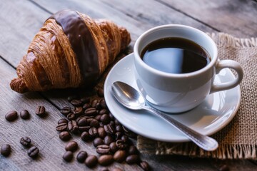 A delicious chocolate croissant and a cup of coffee on a wooden table with coffee beans scattered around