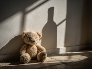 Soft teddy bear toy sits on the floor, casting a gentle shadow against the wall, evoking a sense of warmth and nostalgia in a cozy indoor setting with copy space