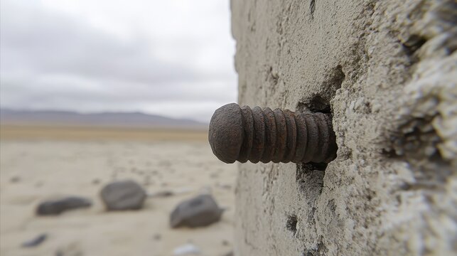 A rusted iron bolt protrudes from a crumbling concrete wall in a dry, barren landscape under a cloudy sky