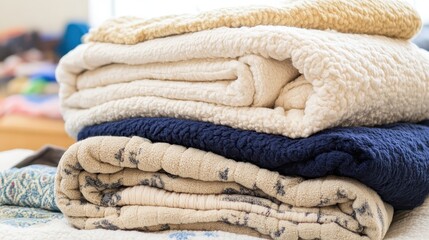 A neat pile of folded blankets in various textures and colors stacked together for warmth and comfort