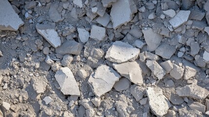 A pile of fractured grey concrete rubble fragments and debris from demolition and construction waste material on the ground