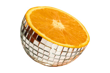 Whimsical surreal concept of a half orange transformed into reflective cube disco, conceptual fruit object.