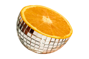 Whimsical surreal concept of a half orange transformed into reflective cube disco, conceptual fruit object.