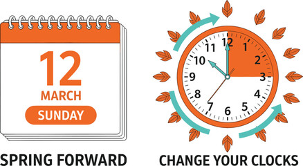 Spring Forward vector illustration featuring a March 12th calendar and instructional clock for daylight saving time change reminder.