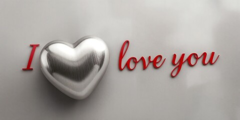 Metallic heart on matte grey background with red text I love you. 