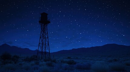 A solitary water tower stands as a silhouette against the deep blue starry night sky over a barren landscape