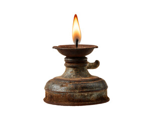 Antique Rusty Oil Lamp Burning Brightly isolated on a transparent background