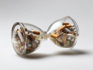 Glass hourglass filled with cigarette butts symbolizes the passage of time and the consequences of smoking, highlighting the hourglass trap concept in a striking visual representation
