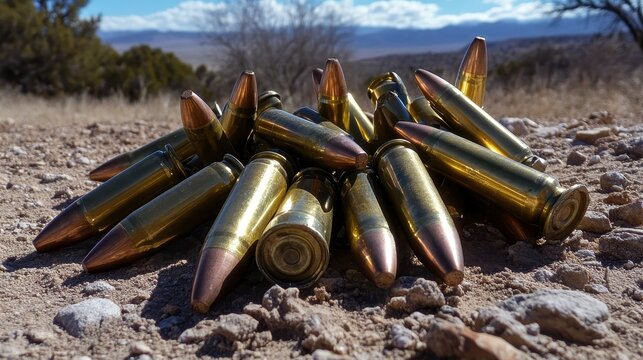 A pile of discarded brass and steel ammunition casings and bullets rests on the rocky ground in an outdoor arid landscape with a cloudy sky and distant mountains