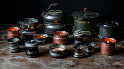 A still life arrangement of unlit and lit antique kerosene lamps and wicks on a wooden surface