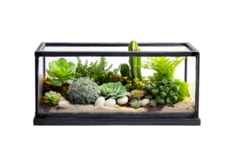 Miniature Desert Garden: Mixed Succulents and Cacti in a Glass Terrarium isolated on a transparent background