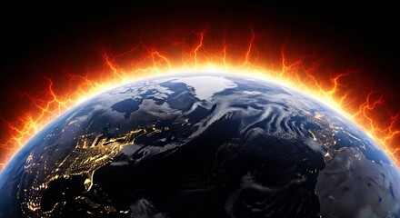 Earth on fire with lightning around it in space