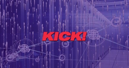 Animation of kick text with network of connections and data processing over server room - Powered by Adobe