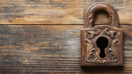 An intricately carved antique wooden lock with a weathered texture resting on a rustic wooden surface