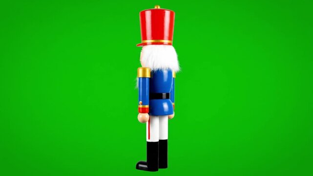 Standing wooden nutcracker toy with red hat on green background