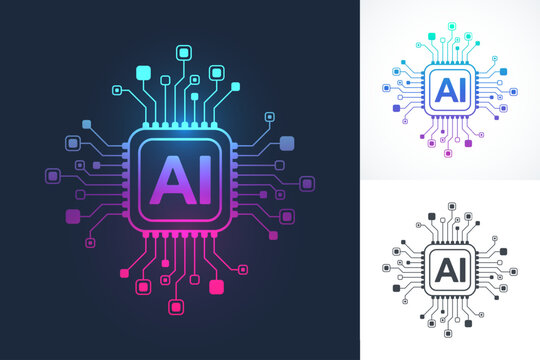 Artificial intelligence icon, sign, logo in the circuit line style. AI processor vector icon flat design. Motherboard digital chip AI. Machine learning design