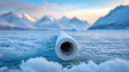 Frozen tubular object on icy surface, mountain range backdrop at dawn or dusk