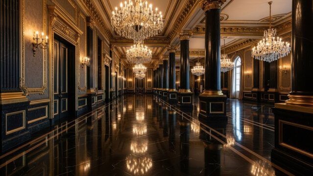 Luxurious interior of an opulent hallway with chandeliers and marble floor