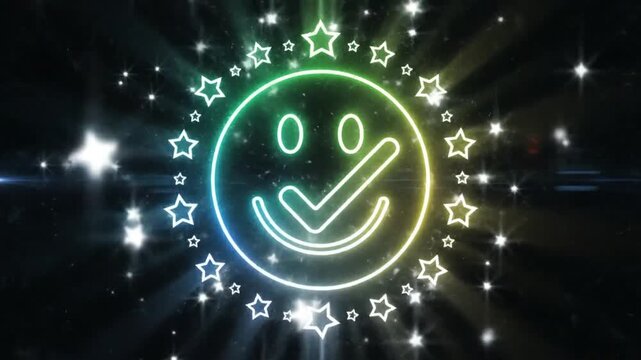 Glowing Neon Smiley Face with Checkmark and Star Circle in Sparkling Cosmic Background for Positive Vibes