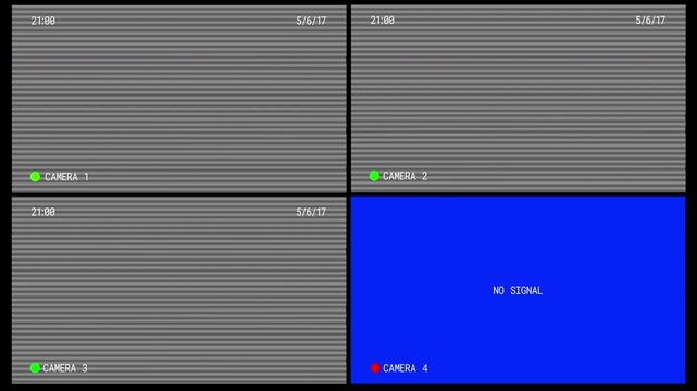 CCTV camera frame overlay in four way split with glitch and distortion effect. 4k video.