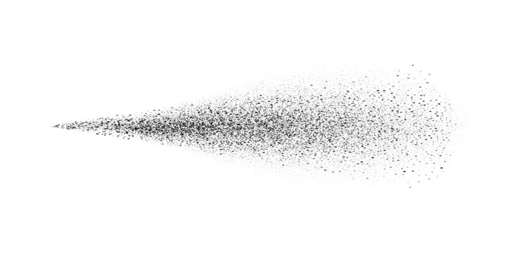 Spray splatter texture background. Black droplets spreading outward into dispersed dots on white backdrop. Dynamic dispersion effect of aerosol flow. Minimal vector illustration with monochrome style.