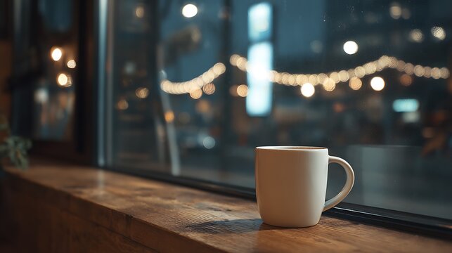 A cozy coffee mug sits on a wooden windowsill overlooking city lights at dusk