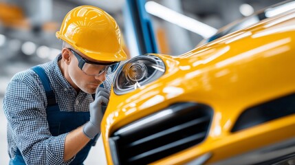 Under bright lights in a well-organized workshop, a focused mechanic carefully inspects a shiny yellow car, showcasing precision and expertise in his craft