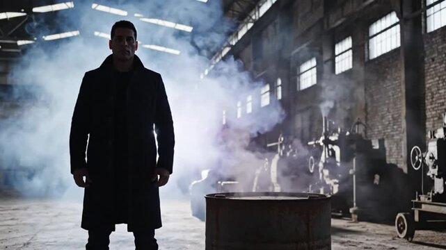 Intense silhouette of a man in black in a dark industrial warehouse with ominous smoke, cinematic
