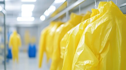 Bright yellow protective hazmat suits hanging neatly in a row for safety and cleanliness