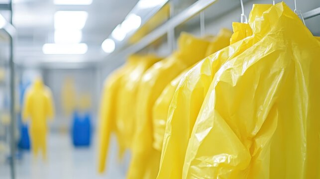 Bright yellow protective hazmat suits hanging neatly in a row for safety and cleanliness
