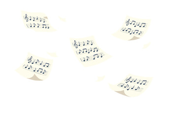 Music sheets drift over a sky backdrop, their notes visible on the airborne pages, creating a dreamlike scene of paper and clouds