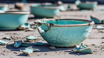 Broken turquoise ceramic bowl with shattered fragments scattered on the ground in close-up detail