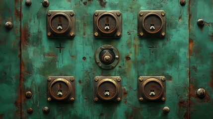 Close up of a vintage industrial metal panel featuring multiple pressure gauges and dials with a weathered, rusty texture
