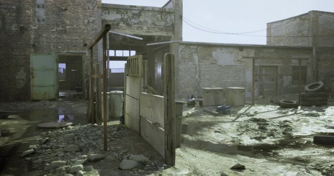 This setting showcases a neglected industrial area with crumbling structures, scattered debris, and overgrown vegetation under bright sunlight. A sense of desolation permeates the environment.