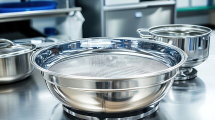 Close up of a shiny metal sieve with fine mesh used in a clean kitchen environment for food preparation and straining