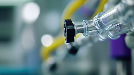 Close up of a sterile medical tubing connector with a black valve and clear plastic tubing