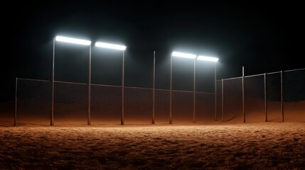 Floodlights illuminating an empty outdoor sports field at night creating a dramatic atmosphere
