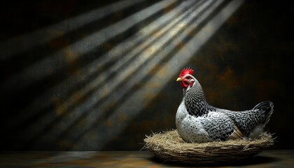 A Serene Hen Nestled Comfortably in a Rustic Coop, Bathed in Warm Light with Beautiful Shadows