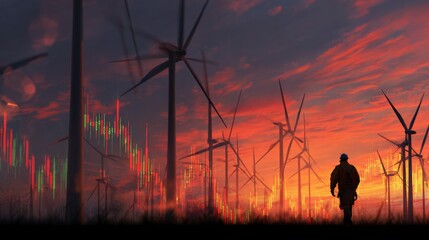 Future energy landscapes: professionals leading the charge. Trading analysis. Engineer at dusk: shaping renewable energy amidst wind turbines. Crypto analytics. Currency movement.