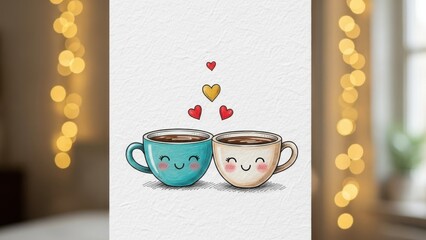 Two happy coffee cups with hearts, symbolizing love and friendship