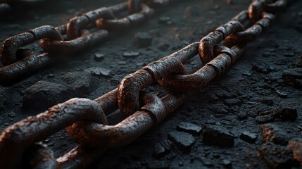 Close up of old rusted iron chains with fused links lying on dirty ground