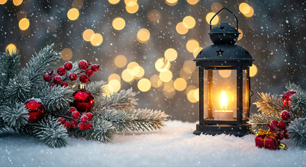 christmas lantern with red decorations and snowy branches in winter wonderland scene with bokeh lights