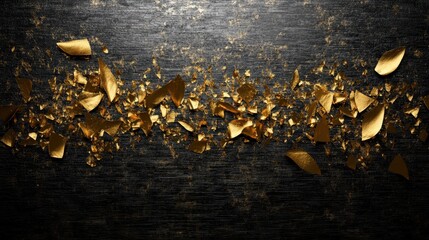 Gleaming Gold Leaf Fragments Scattered Against a Dark Background