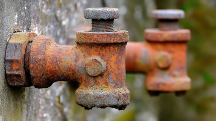 Close up view of heavily rusted industrial metal pipes showing signs of age and decay on an outdoor surface