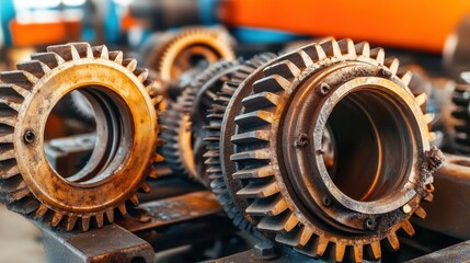 Close up view of rusted hollowed out sprockets and gears with visible teeth in an industrial setting