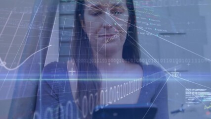 Animation of financial data processing and binary coding over caucasian woman using smartphone - Powered by Adobe