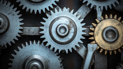 Close up view of intricate interlocking metal gears meshing together representing mechanical engineering and industrial machinery