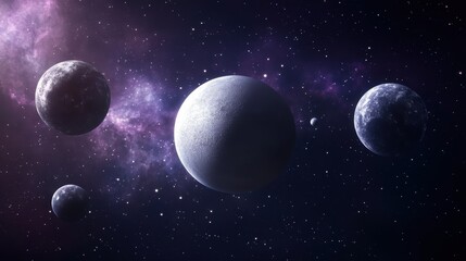 Gleaming silver planetary models representing celestial bodies in the vast universe